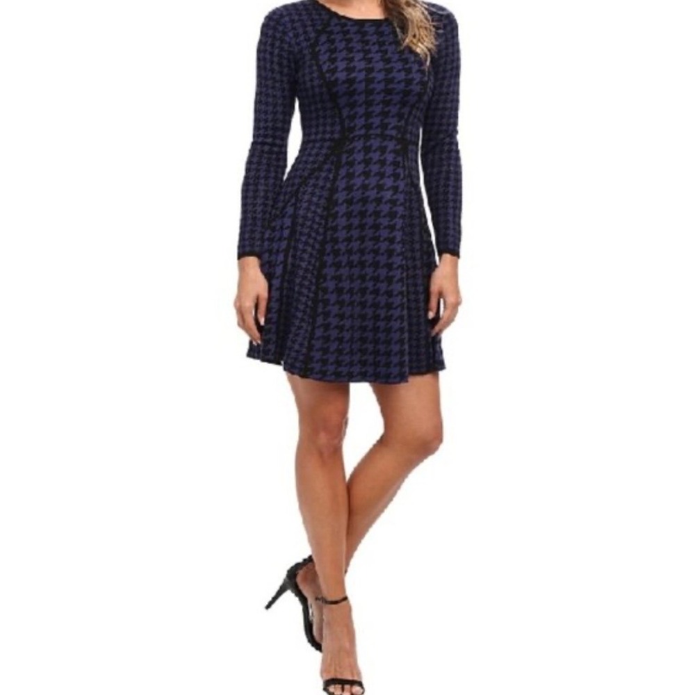 Calvin Klein‎ Houndstooth Blue Black Knit Sweater Mini Dress Fit and Flare XL